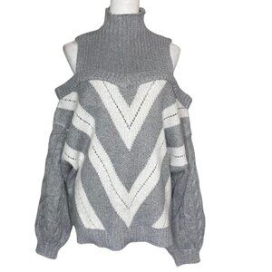 Women's Geometric Cold Shoulder Fisherman Knit Mock Neck Bell Sleeve Sweater 2X